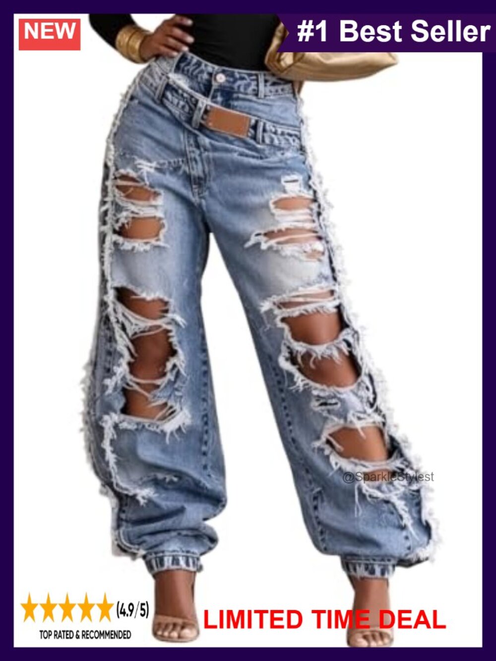 Women's Ripped Barrel Jeans High Waisted Distressed Denim Pants